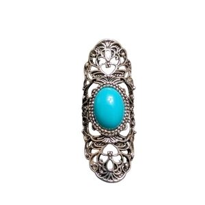 Elegant Silver Filigree Oval Turquoise Boho  Statement Ring Size 10